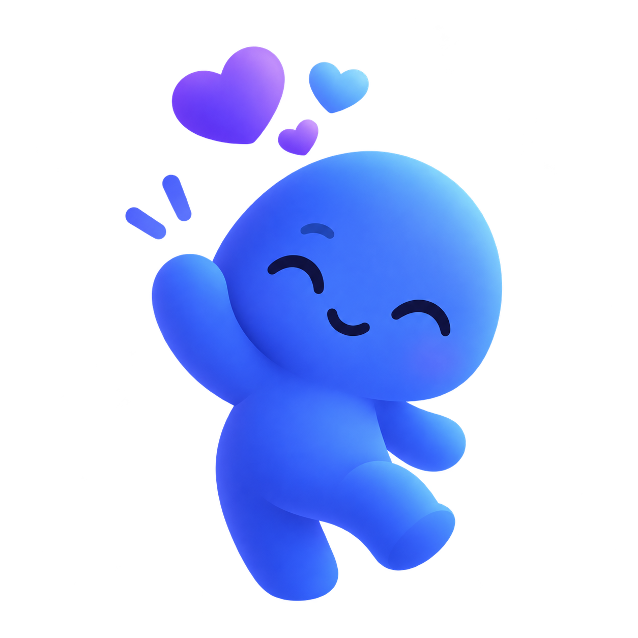 A smiling blue Dupli mascot waving with floating hearts